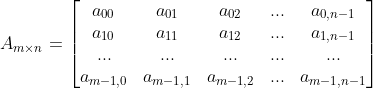A_{m\times n}=\begin{bmatrix} a_{00} & a_{01} & a_{02} & ... & a_{0,n-1}\ a_{10} & a_{11} & a_{12} & ... & a_{1,n-1}\ ... & ... & ... & ... & ...\ a_{m-1,0} & a_{m-1,1} & a_{m-1,2} & ... & a_{m-1,n-1} \end{bmatrix}