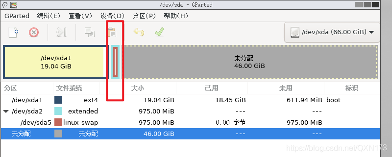 扩展空间不连续，GParted不能进行扩展